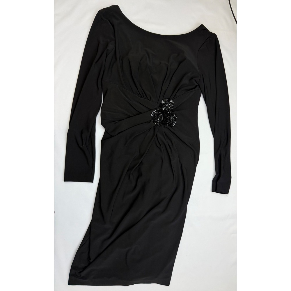 Anne Klein New York Black Long Sleeve Sheath Dress Sequin Floral Accent Size 6